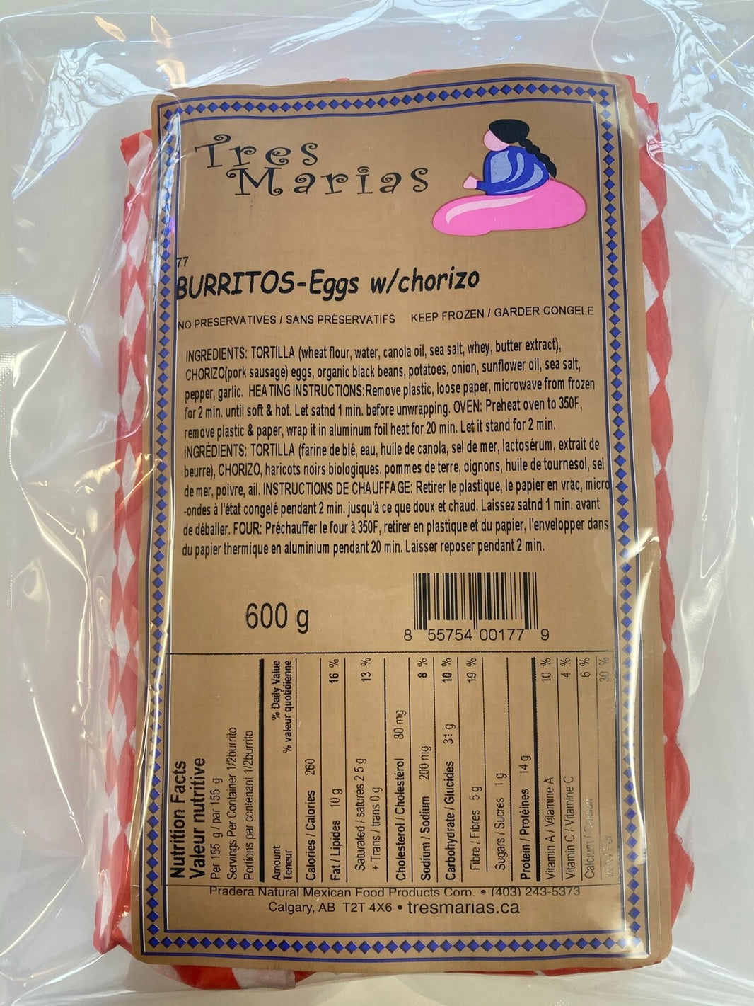 Tres Marias Burritos-Eggs w/chorizo wheat
